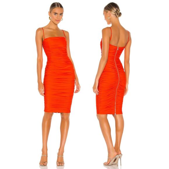 Nookie Cooper Midi Dress Bodycon Ruched Sexy Hoco Party Cocktail Tangerine Small - Picture 1 of 12